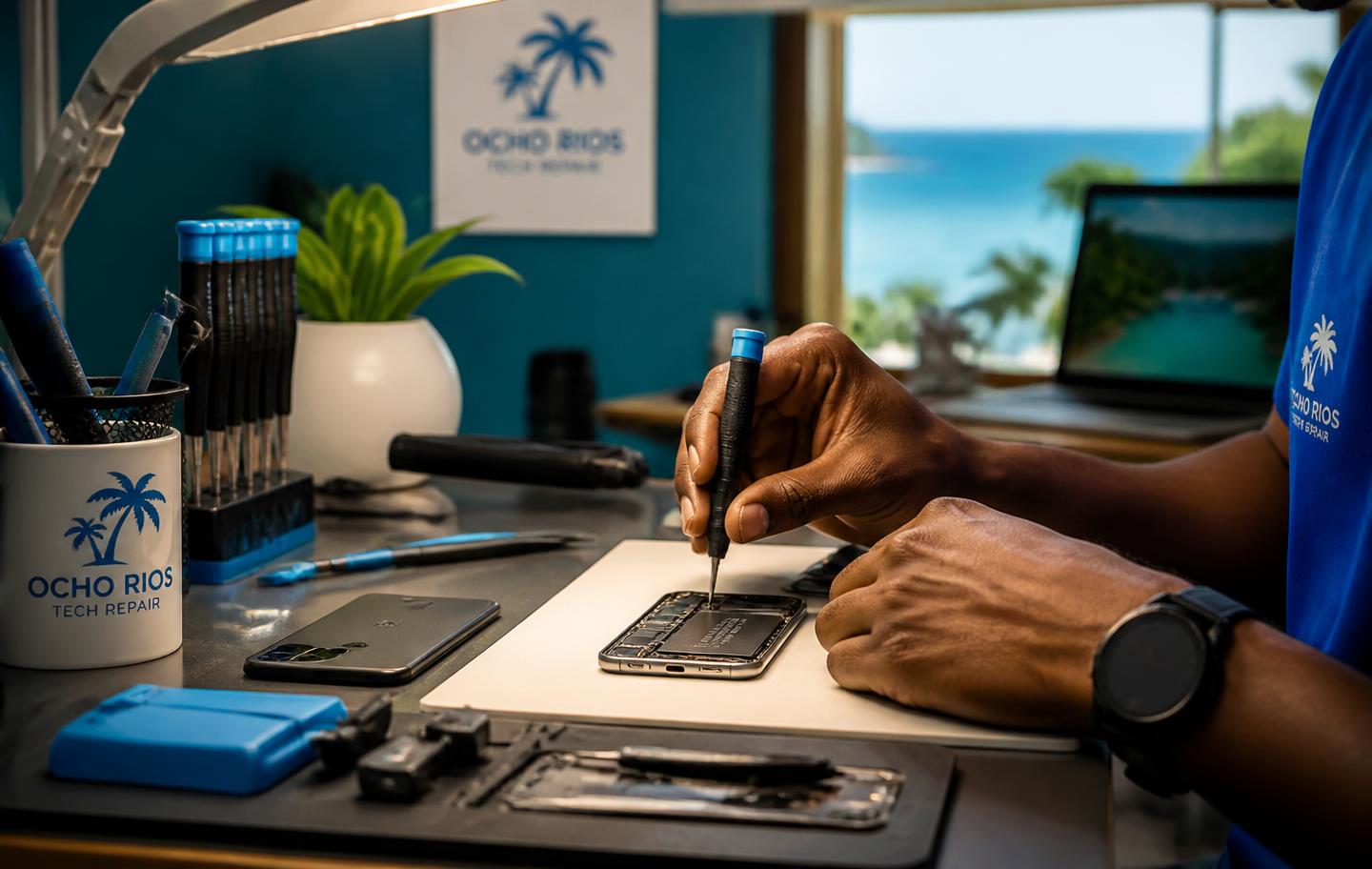 Technician repairing a smartphone